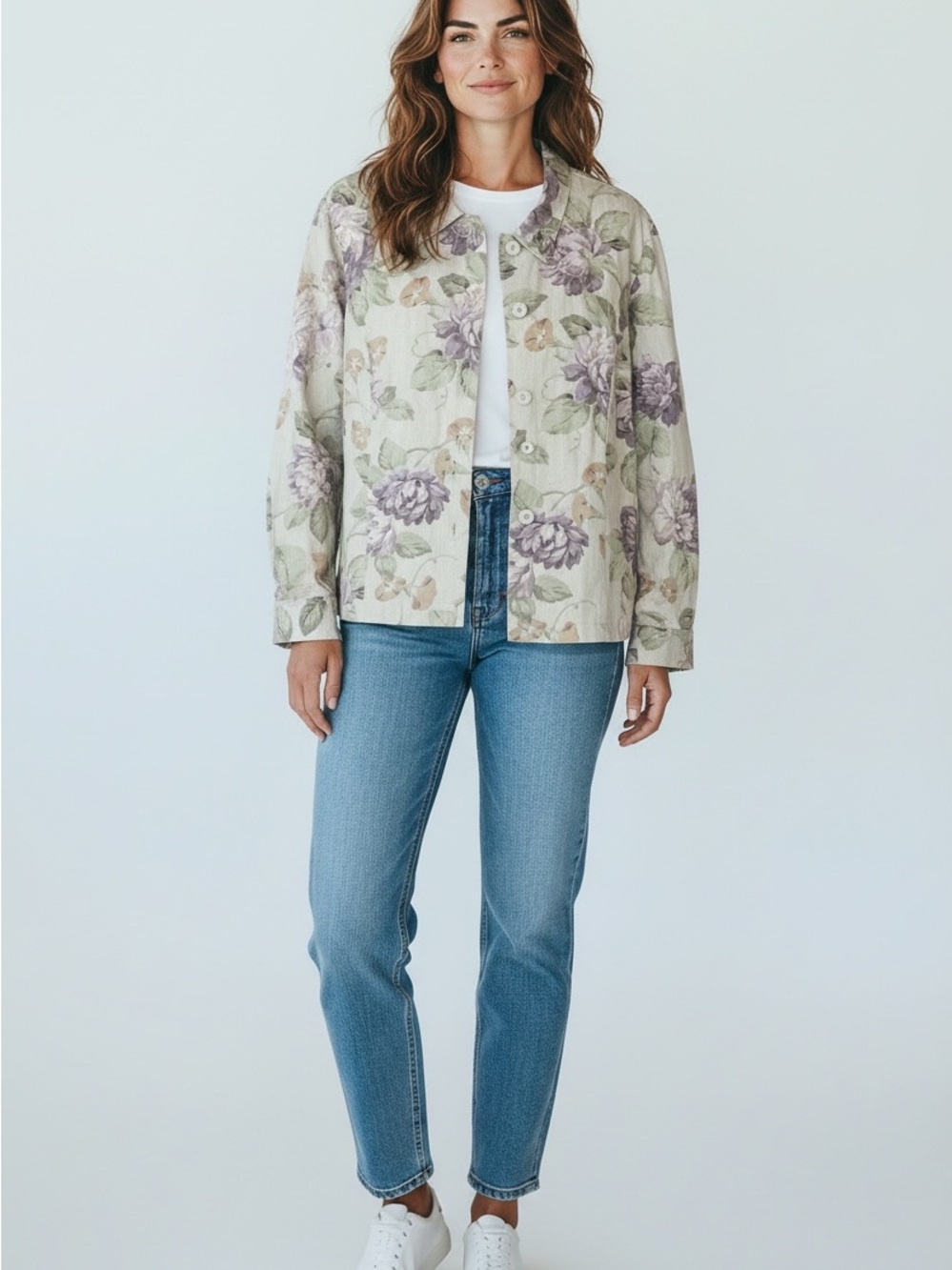 77 Coldwater Creek Cream Floral Quilted Jean Jacket